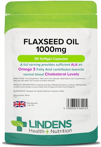 Lindens - Flaxseed Oil 1000mg - 90 Capsules - UK Made - Source of Omega 3 6 9, High in Alpha Linoleic Acid (ALA), Maintenance of Normal Blood Cholesterol Level, Fish Oil Alternative,Letterbox Friendly