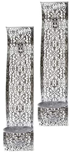 elbmöbel 2er Set Wandkerzenhalter Metall - Teelichthalter Wanddeko Silber | Elegantes Wandlicht im Ornament-Design für Teelichter, Wandmontage Deko für Wohnzimmer und Flur, 38 cm hoch, 2 Stück Set