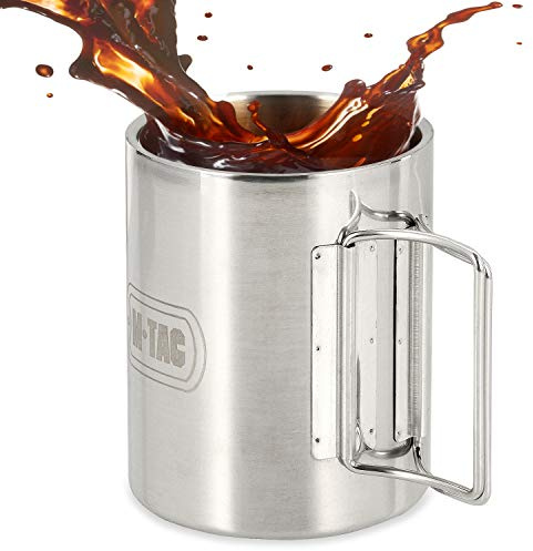 M-Tac Thermobecher 450 ml Edelstahl – Faltbarer Griff – Doppelwandige Isolierung – Camping Tasse für Outdoor, Reisen, Trekking, Jagd & Bushcraft – Robuster & leichter Thermo Kaffeebecher – Chrome