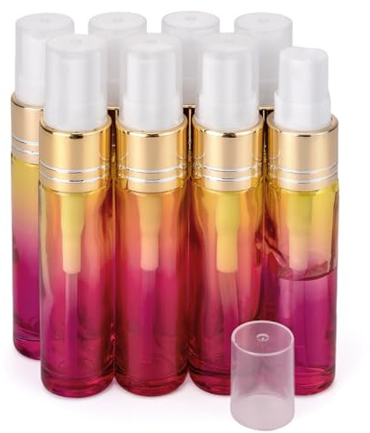 Unxuey 8pcs 10ml Gradient Rainbow Color Travel Perfume Spray Bottles | Glass Mist Spray, Golden Fine Sprayers, Cosmetic Essential Oils Vials, Make Up Sample Bottle