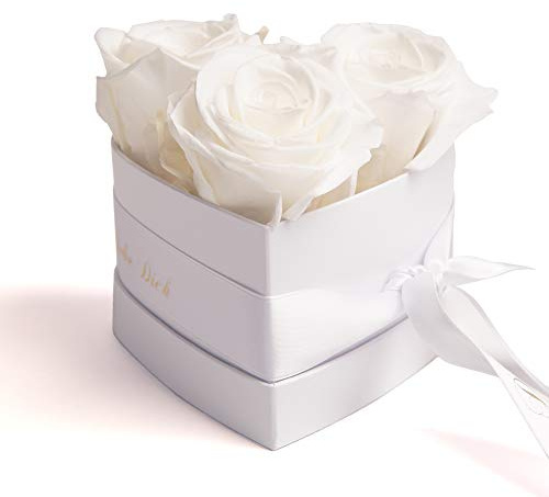 ROSEMARIE SCHULZ Heidelberg Infinity Rosen Rosenbox Herz - 10 x 12 cm 3 konservierte weiße Rosen haltbar 3 Jahre - Valentinstag für Frau Ich Liebe (Weiß, Small)