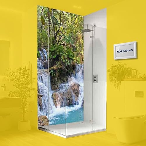 NORILIVING Duschrückwand Fliesenersatz Dusche 80x200 cm Motiv Wasserfall Kuang Si | Duschwand ohne Bohren 1 teilig | Wandverkleidung Bad Aluverbundplatte 3 mm