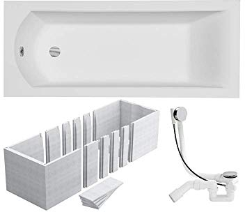 VBChome Badewanne 160x70 cm Acryl SET 3in1 Wannenträger Siphon Wanne Rechteck Weiß Design Modern Styroporträger Ablaufgarnitur in Chrom Viega Simplex