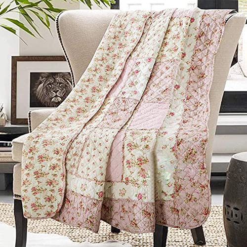 Pink Cotton Patchwork Throw Blanket for Couch Twin Size 60 x 80 Floral Reversible Quilted Bedspread Coverlets Flowers Quilt Soft Garden Lightweight Comforter Bed Cover for Bed Sofa Home Decor