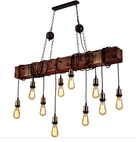 Lfoute Industrial Pendelleuchte 10 Lampen Retro Holz Pendellampe Vintage Linear Höhenverstellbar Hängelampe Rustikale Wohnzimmer Kronleuchter Schlafzimmer Küche Esszimmer Landhausstil Beleuchtung