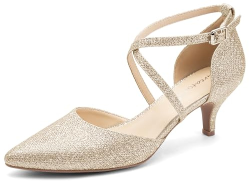 Greatonu Femmes Chaton Talons Chaussures De Mariage Dames Cheville Sangle Boucle Croix Pointu Toe Sandale Gold Glitter EU 38