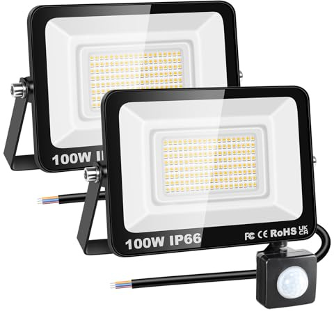 RIGIDON 2 st PIR Rörelsesensor Utomhussäkerhetsljus, 100W 10000 Lumen Utanför Led-strålkastare, Dagsljus Varmvit Vägglampa för Trädgård Garage Bakgård Uteplatshus Dörröppning, IP66 Vattentät 3000K
