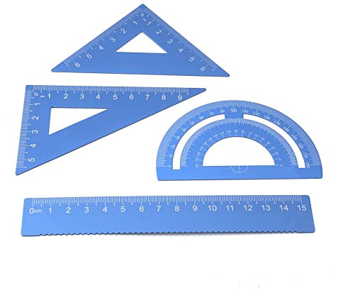 HEVSTIL Geometrie-Set, 4er-Pack, Winkelmesser, 30/60 und 45/90 Dreiecke, gerades Lineal für Winkelmesser, Metall, Zeichen-Set, Geometrie-Set, Zeichenlineal, blau