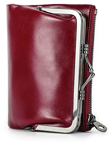 CONTACTS Damen RFID Geldbörse mit Kiss Lock, Echtes Leder Multifunktions Bifold Münzbörse mit Reißverschlusstasche Vintage, Kreditkartenhalter Kleine Clutch mit ID-Fenster (Rot)