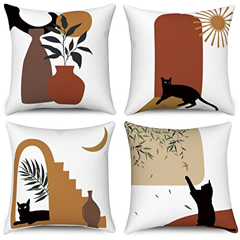 Hnmdmyi Funda de Cojín Boho 40x40 Juego de 4, Abstracto Gato Negro Planta Sol Luna Fundas de Cojín Decorativas Arte Moderno Minimalista Estética Funda de Cojín de Lino para Sofá Decoración del Hogar