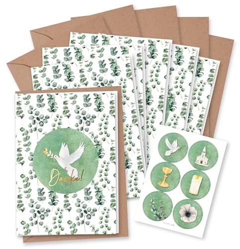 Papierdrachen 6 st tackkort för kristna högtider, dop, nattvard, konfirmation, eukalyptus, hopfällbara kort med kuvert och matchande klistermärken, DIN A6, set med 6