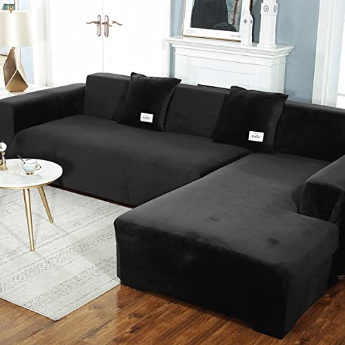 JunJiale Anti-Falten-Samt-Sofabezug, 2 + 5-Sitzer, L-Form, Couch-Stretch-Sofabezug, vollständig abgedeckter Möbelschutz, Schwarz