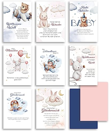 E&G Klasse 8 Baby Glückwunschkarte mit Umschlag in Rosa und Blau Aquarell mit Bärchen Häschen Mäuschen uvm Baby zur Geburt Karten Set Karte Geschenk Junge Mädchen