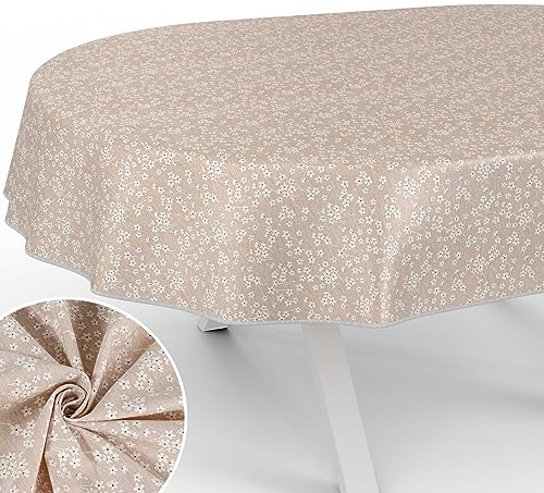 Stoff Tischdecke Tischwäsche Textil Tischtuch Baumwolle Polyester Gewebe abwaschbar pflegeleicht, in rund oval eckig Violen Beige Oval 200x140cm mit Saum (Eingefasst)