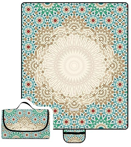 Picknickdecke 200x200cm,XXL Picknickdecke mit Wasserdichter Unterseite,Outdoor Stranddecke Sandfrei,mit Tragegriff Faltbare Picnic Blanket für Camping,Strand,Park,Familie,Konzerte Grün Braun Mandala