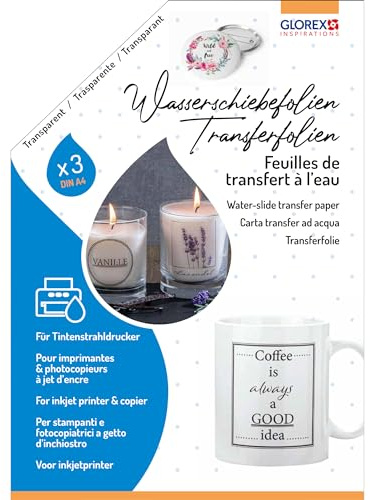 GLOREX 6 1241 701 - Wasserschiebefolie, 3 Stück Transferfolie A4, Dekoration von Glas, Keramik, Kerzen, Metall, Holz und Kunststoff, für Tintenstrahldrucker