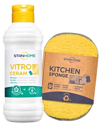 Stanhome Vitro Ceram Kitchen Sponge Pack de nettoyage Cuisine, nettoyant vitrocéramique, éponge de cuisine, plan de travail et évier, effet anti-graisse et détartrant (250 ml + 1 ud)
