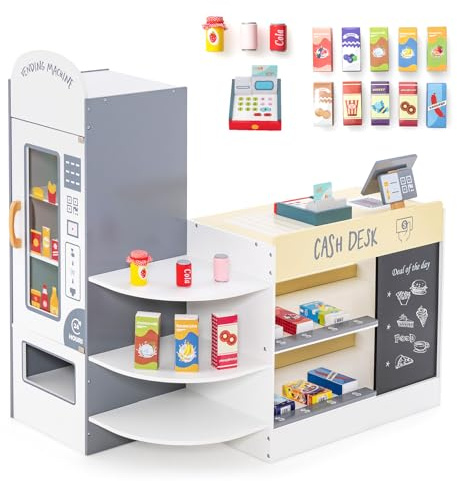 COSTWAY Pretend Play Shop, Kids Supermarket Playset with Cash Register, Vending Machine, Chalkboard, Wooden Role Play Grocery Store for Children Ages 3+ (Grey+White)