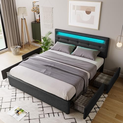 Polsterbett 90x200, LED Einzelbett mit 2 Schubladen und verstellbarem Kopfteil, Bett Jugendbett Stauraumbett Funktionsbett Rückenlehne Bettgestell mit Holz Lattenrost, Leinen, Schwarz, Ohne Matratze