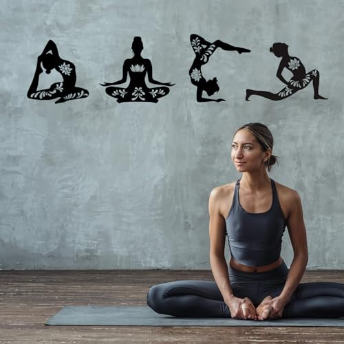 PLIGREAT 4 Pcs Yoga Movimiento Calcomanías de pared DIY Black Mandala Lotus Pegatinas de vinilo extraíbles para centro de yoga dormitorio sala de estar meditación fondo decoración de arte de pared