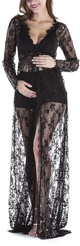 KYEQATY Photo Grossesse Robe Grossesse Shooting Photo Robe De SéAnce Photo De Maternité en Dentelle Col en V Manches Longues Robe Maxi De Maternité pour Femmes Enceintes Dame Noire XL
