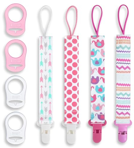 ZUOQIANG 4 PCS Schnullerkette Stoff Set, Cotton Schnullerkett, Schnullerband, Schnullerketten Baby Mädchen, Nuckelkette mit 4 Nuckelkette Adaptern (Rosa)