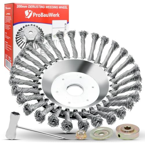 CCLIFE Lot de 2 Brosses Désherbeuses pour Débroussailleuse 200 x 25,4 mm, Brosse Rotative en Fil d'acier pour Élimination de Mousse et Mauvaises Herbes, PROBAUWERK