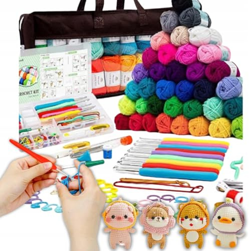 ZAXER Häkelwolle Set, 113 Stück Häkelgarn Set, Nädeln, Zubehör und Tasche, Häkelset für Kinder, Erwachsene, Anfänger, Acrylwolle zum Häkeln & Stricken