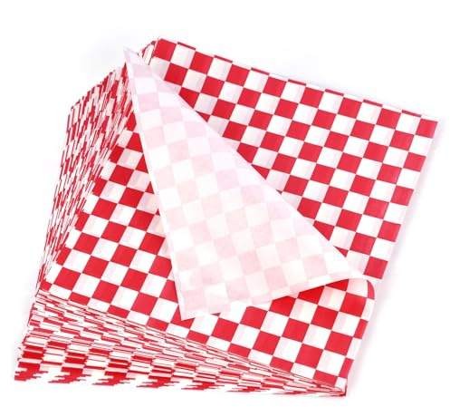 100 Stück Fettdichtes Sandwichpapier, Karierte Deli Basket Liner Blätter | Lebensmittelverpackung Einweg fettbeständig, Burger Papier Wrap für Snacks Pommes Brot, Grillpapier Döner Tüten Gastro