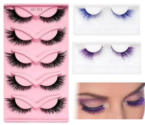 QOWUXHZ 7 Paia Ciglia Finte Cat Eye Lashes Fox Eye Wispy Ciglia Di Volpe Fluffy Occhio Di Gatto Ciglia Finte Natural 3D Eyelashes Nero Viola Blu