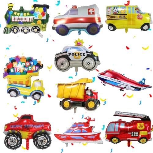 Lot de 10 Ballons en Forme de Voiture, Véhicules Aluminium Feuille Ballons, Voiture Helium Ballon Kit, Voiture de Chantier, Train, Bus Scolaire Foil Ballon pour Fête D'anniversaire D'enfant