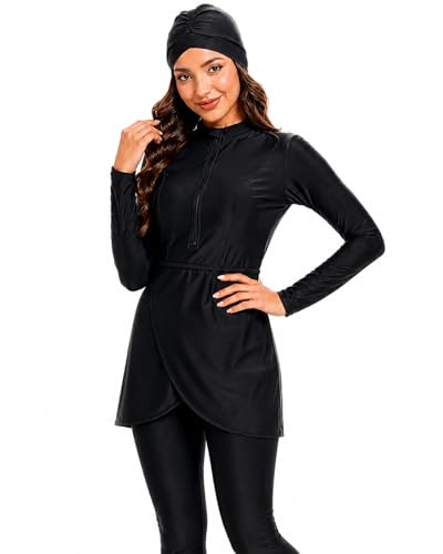 Dam 3-delad blygsamma badkläder heltäckande Hijab Burkini baddräkt långärmad inbyggd BH badtopp + badbyxor + hijab baddräkt., Svart, XL