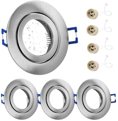 GeyouLux 4x Einbaustrahler GU10 Einbaurahmen IP44 Nickel Lochmaß 65-75mm | Aluminium, Ø84mm Deckenspots, Nickel gebürstet, mit 230V GU10 Fassung, bis 50W, für Bad Küche, Rund Flach, ohne Leuchtmittel