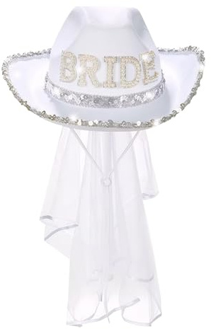 Veesper Braut-Cowgirl-Hut weiß mit Schleier und Glitzer - Braut Cowboyhut mit verstellbarem Kinngurt - Ideal für Hochzeiten, Junggesellenabschiede und mehr
