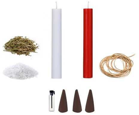 Kit de rituel pour coupe de nœuds, 2 bougies de 11,5 cm, rouge et blanc, corde 120 cm, encens, sel et rue