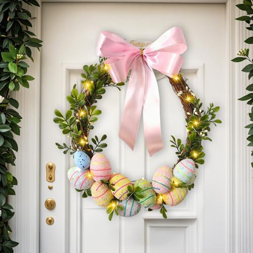 Corona decorativa pasquale per porta, ghirlanda di Pasqua artificiale con luce LED, decorazione pasquale con uovo di Pasqua e fiocco, corona luminosa per porta, funzionamento a batteria per