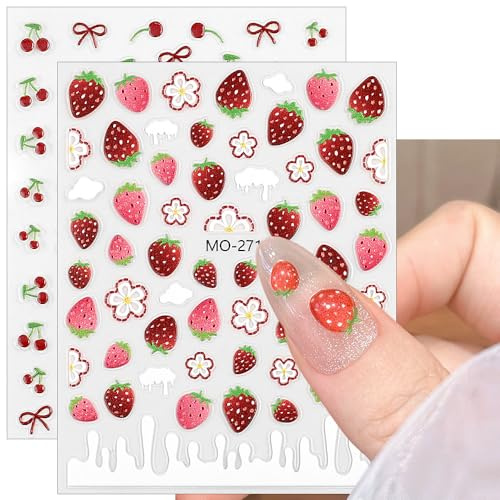 5D Geprägt Erdbeer Kirsch Schleife Nagelsticker Rote Bogen Kirsche Nagelaufkleber Kirschen Bögen Erdbeeren Nageldesign Aufkleber Nägel Zubehör Cherry Bow Nail Sticker Strawberry Nail Art Stickers