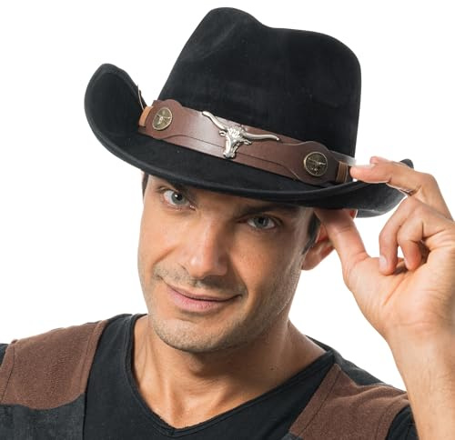 Chaks Unisex Cowboyhut Cowboyhut (1er Pack) | Karneval und Festival Accessoire, Wilder Westen Kostüm mit Stierkopf Hutband, Western Look für Mottoparty