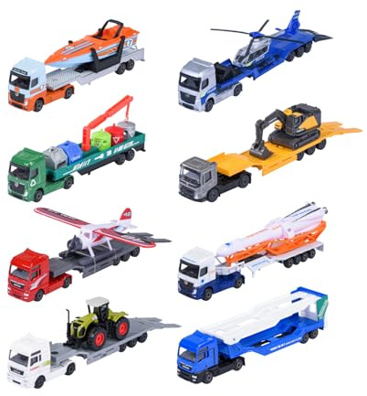 Majorette Auto City Transporter (1 Modellauto) - Spielzeug-Truck aus Metall mit Anhänger, Freilauf & beweglichen Teilen, zufällige Auswahl aus 8 Spielzeugautos für Kinder ab 3 Jahre, je 20 cm