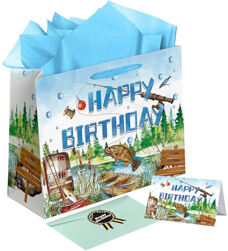 Sumerk Angeln Geburtstag Geschenktüte mit Seidenpapier und Grußkarte, Umschlag und Aufklebern – Angeln Thema Geburtstagsgeschenk-Verpackungstüte für Männer und Frauen
