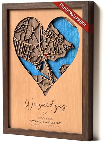 Tiefenwerk® 3D-Karte „We said yes“ personalisierte Karte mit Standort der Trauung aus Echtholz gelasert mit feiner Gravur | Exklusive Geschenkidee fürs Brautpaar zur Hochzeit, Verlobung & Jubiläum