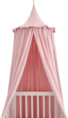 PPQIRU Betthimmel Baumwolle Kinderzimmer Deko Baldachin mit Rüschen Bettvorhang Baldachin(Pink)