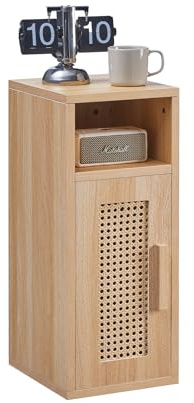 OCTTZ Nachttisch Schmal, Holz Beistelltisch mit magnetischer Tür, Nachtschrank Rattan mit offenem Fach für Schlafzimmer, Wohnzimmer, Büro, 25×30×60 cm Natürliche Farbe