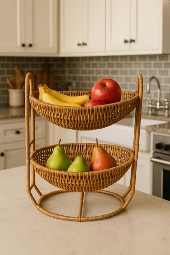SDFUMAO 2-Tier Wicker Fruit Basket Stand, Handwoven Plastic Rattan Fruit and Vegetable Storage Organizer, Rustic Boho Countertop Display Basket for Produce, Bread, Snacks, or Towels