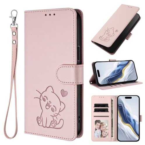 TUUNKMUY för Cricket Magic 2 5G fodral, flip PU-läder, präglad katt, stötsäker, bokplånboksfodral med stativ, magnetisk folio, TPU-stötfångare, gel, skyddande telefonfodral för Cricket Magic 2 5G rosa