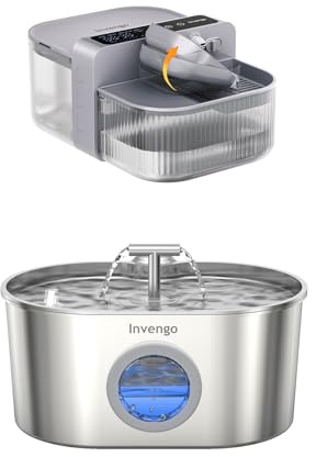 Invengo Fuente para Gatos, 2,2L Dispensador Automático para Gatos y Perros & 3,5L Fuente para Gatos Sin Cable y Sin Filtro 180 Días