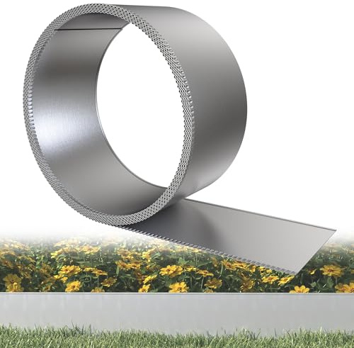 HENGMEI Rasenkante 10m Beetbegrenzung aus Metall Beeteinfassung Beetumrandung Witterungsbeständigkeit Verzinkt Rasenbleche Mähkante Flexible Rasen Umrandung, 15cm Hoch, Silber