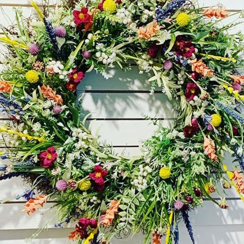 Ganzjährig Türkranz Für Außen - 35/40cm Wildblumen Kränze | Frühling Sommer WildblumeKranz | Künstlicher Ganzjährig Türkranz | Bunt Türkranzs Frühling Für Fenster Hochzeit Garten
