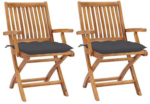 Mhdvray Gartenstühle 2er Set aus Massivholz Teak klappbar mit Polster in Anthrazit, Zeitlose Holzstühle für Garten Terrasse und Balkon, Klappstühle fertig montiert, 56 x 58 x 88 cm