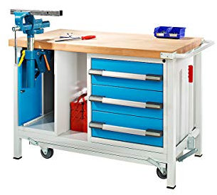 Fahr- und absenkbare Werkbank, Gestellbauweise Serie 8, 3 Schubladen, Klapplift-Schraubstock, BxT 1250 x 700 mm.